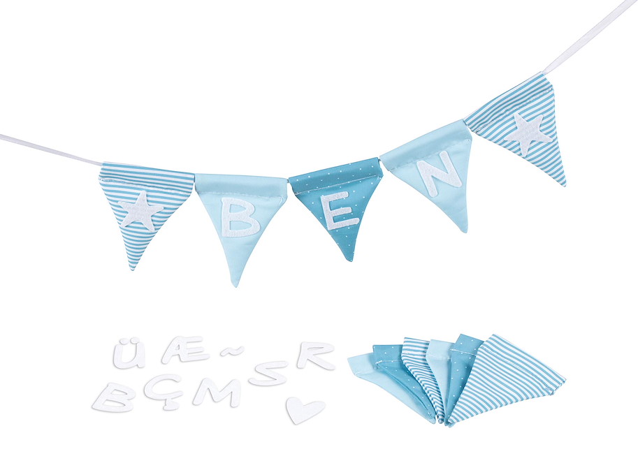 Buchstabenwimpelkette blau mit 10 Wimpeln