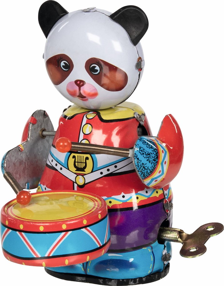 Pandabär mit Trommel aus Blech mit Aufziehmotor