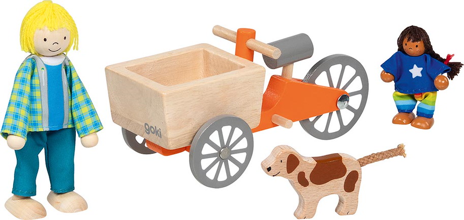 Lastenfahrrad mit 2 Biegepuppen und Hund