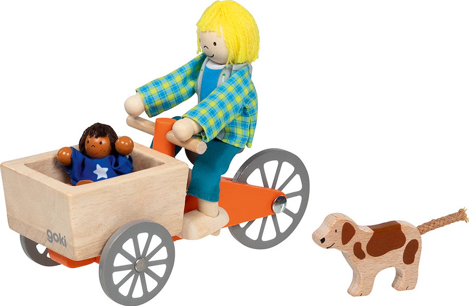 Lastenfahrrad mit 2 Biegepuppen und Hund