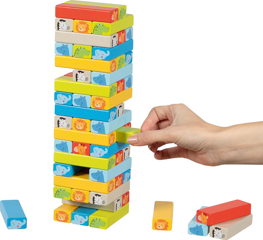 Geschicklichkeitsspiel Wackelturm mit Tiermotiven, 55-teilig