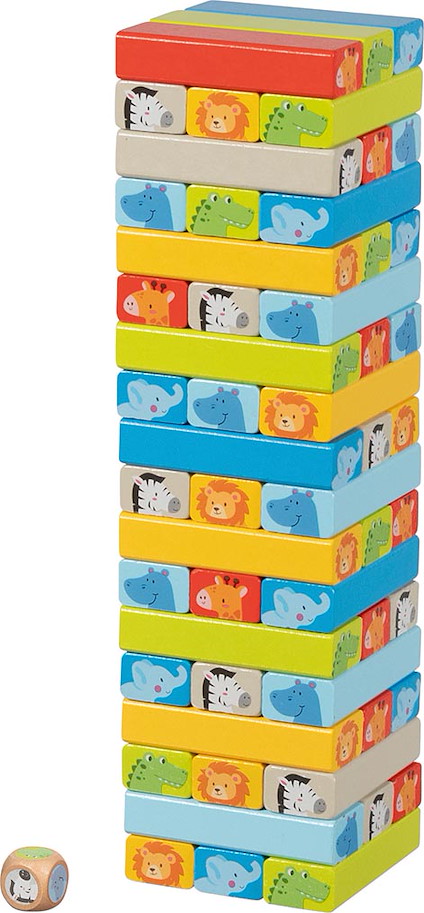 Geschicklichkeitsspiel Wackelturm mit Tiermotiven, 55-teilig